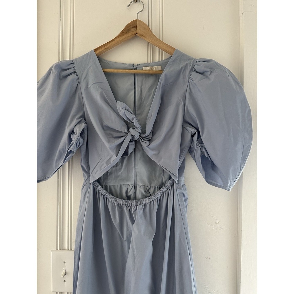 WAYF‎ Women Blue Puff Sleeve Bow Open Back Midi Dress Size M Cottagecore - Picture 3 of 8